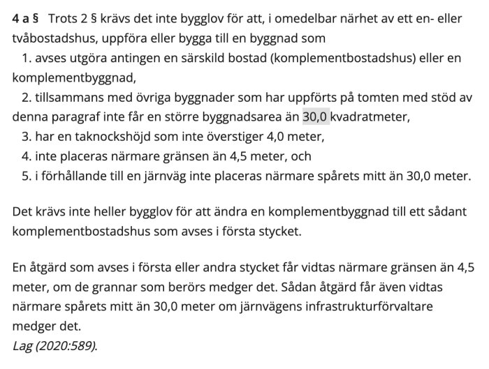 Bild av juridisk text om bygglov och regler för byggnadsarea, med fokus på "30,0 kvadratmeter" för särskilda byggnader och deras placering.