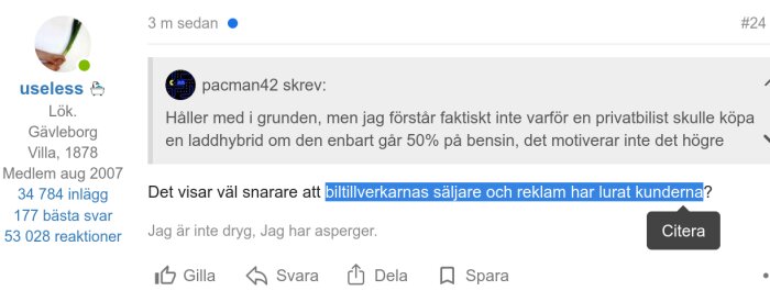 Diskussionsforum med ett citerat meddelande om privatbilister och laddhybrider. En mening är markerad och en "Citera"-knapp är synlig.