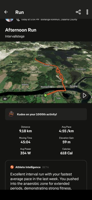 Karta över en löprunda i Borlänge kommun, Dalarna, med sträckan markerad i orange. Totalt 9,18 km, 45:04 minuter och 618 kalorier förbrukade.