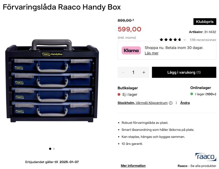 Förvaringslåda Raaco Handy Box med fyra blå lådor och grå handtag, erbjuds till specialpris, perfekt för skruvförvaring och enkel organisering.