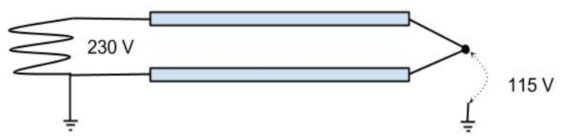 Diagram av elektrisk krets med 230 V och 115 V märkta. Visar spänningsfördelning i skyddsledare och fasledare med jordanslutning.