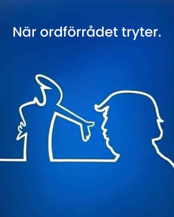 Tecknad figur pekar på en profil av en person mot en blå bakgrund med texten "När ordförrådet tryter" ovanför.