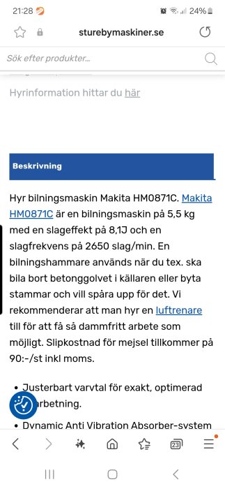 Skärmdump av hemsida med hyrinformation för bilningsmaskinen Makita HM0871C och detaljer om slipkostnad för mejsel.