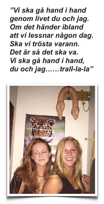 Två leende personer framför en affisch med en tiger och en krok med två modellhänder ovanför.