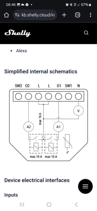 Förenklat internt kopplingsschema för Shelly-enhet med anslutningar och maximala strömstyrkor, inklusive symboler för spänning och temperatur.