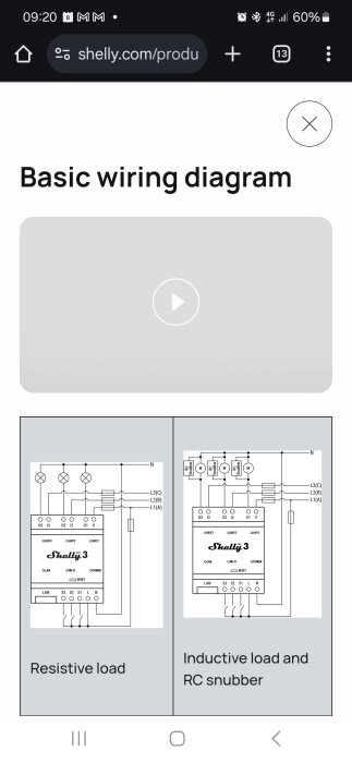 Basic wiring diagram for Shelly 3 showing connections for resistive and inductive loads with RC snubber.