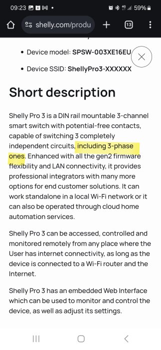 Skärmbild av en produktbeskrivning för Shelly Pro 3, en trekanalig smart switch för oberoende kretsar, inklusive trefaskretsar.