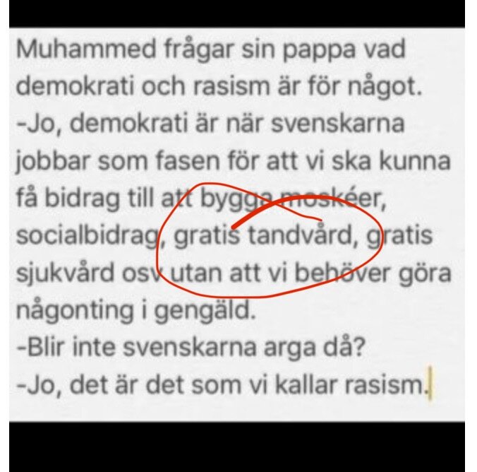 Text med en cirkel runt orden "gratis tandvård", refererar till kostnad för tandvård och samhällens uppfattningar om bidrag.