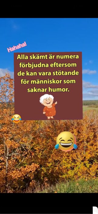 Tecknad figur med text om humor på bakgrund av höstlandskap med orange löv, emojis skrattar.