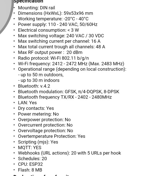 Specifikationer för Shelly 3 Pro, godkänd för max 240V AC, ej 400V, med mått och tekniska detaljer för montering och funktion.