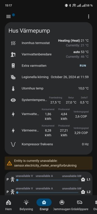 Skärmdump av värmepumpsapp som visar inomhus- och utomhustemperatur, varmvattenberedare, legionellakörning, systemtemperatur och energiförbrukning.