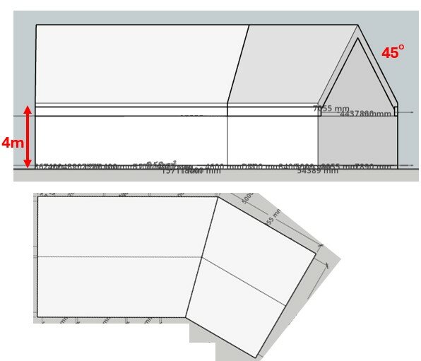 Planritning av byggnad med sadeltak i 45 graders vinkel, höjden anges som 4m. Konstruktionen har en vinklad grundplan med detaljerade mått.