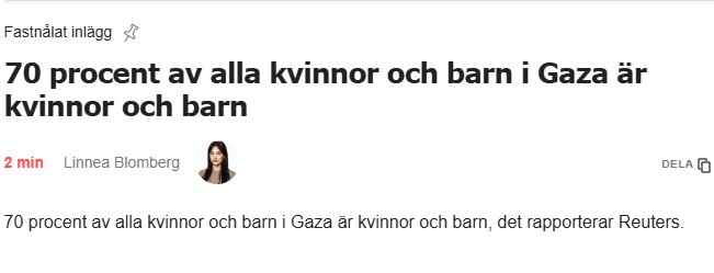 En artikel med rubriken "70 procent av alla kvinnor och barn i Gaza är kvinnor och barn," följt av rapportering från Reuters.