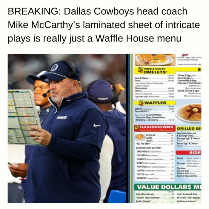 En NFL-tränare håller ett laminerat kort, vilket jämförs humoristiskt med en Waffle House-meny.