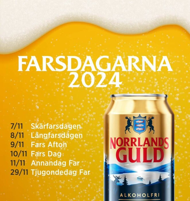 Affisch för Farsdagarna 2024 med datum och en burk Norrlands Guld alkholfri öl på en gul bakgrund.