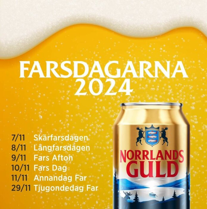 Reklamaffisch för Norrlands Guld öl, med texten "Farsdagarna 2024" och listade datum för november.