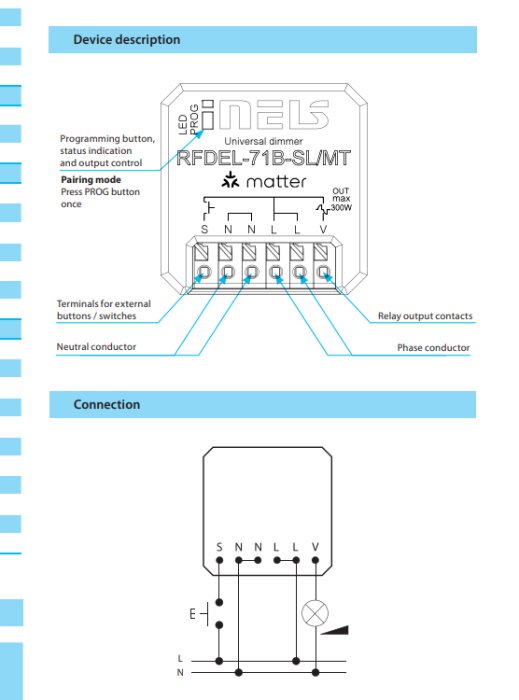 Diagram över ELKO universal dimmer RFDEL-71B-SL/MT med anslutningar för fas, nolla och reläutgångar, samt programknapp och statusindikator.