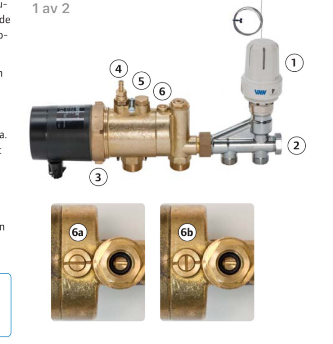 Komponenter av en golvvärmepump avbildas, inklusive termostatventil (1), pump (3), och injusteringsventil, position 6a och 6b markerade.