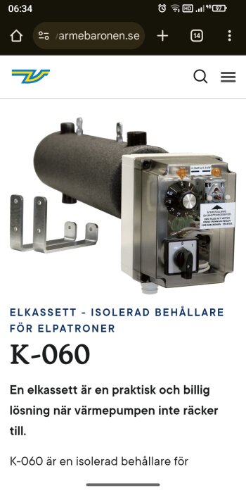 Elkassett K-060 från Varmebaronen, isolerad behållare för elpatroner, med kontrollpanel och monteringsfästen, 4.5kW+4.5kW.