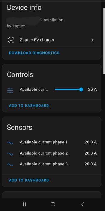 Skärmdump av Zaptec EV-laddningsinställningar som visar en aktuell inställning på 20 A och tillgänglig ström för tre olika faser, var och en på 20 A.