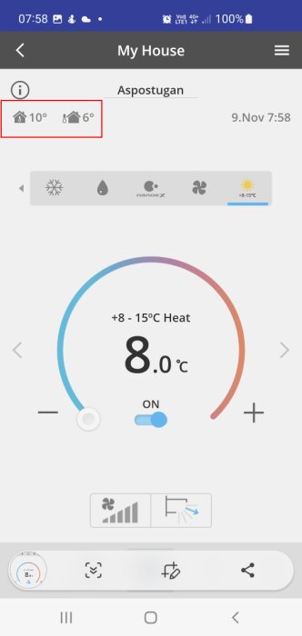 Skärmbild av en app som visar värmepumpens inställning på 8.0 °C och nuvarande temperaturer: vardagsrum 10°C, sovrum 6°C, datum 9 nov 07:58.