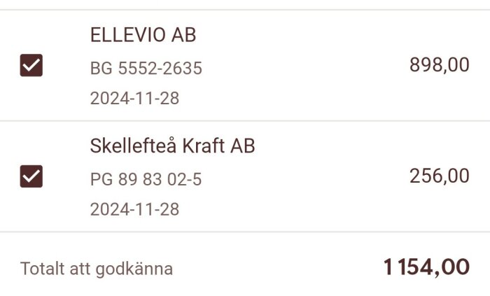 Skärmdump av fakturor för Ellevio AB och Skellefteå Kraft AB med totalkostnad 1154,00 att godkänna, daterade 2024-11-28.