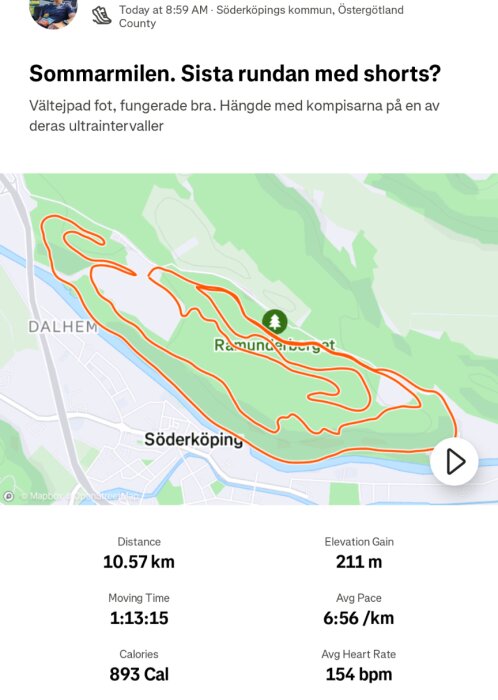 Karta över löprunda i Söderköping med detaljer som distans 10.57 km, tid 1:13:15, stigning 211 m, genomsnittlig puls 154 bpm och förbrända kalorier 893.