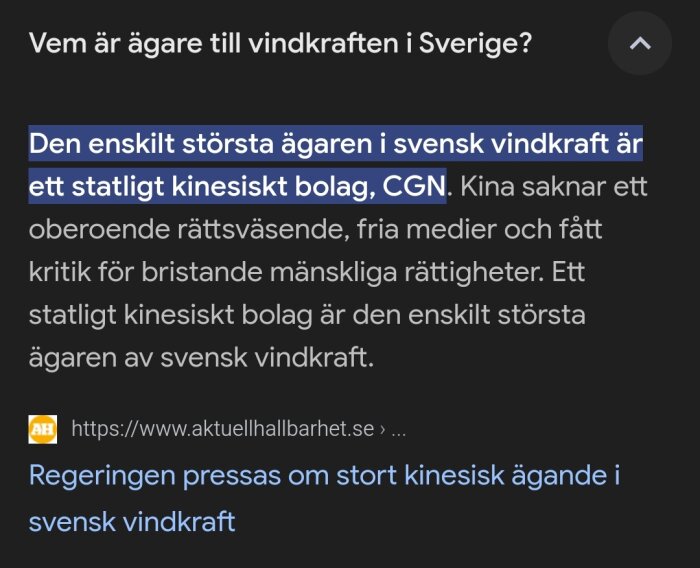 Text om kinesiskt statligt bolag CGN som största ägare av svensk vindkraft; kritiseras för rättssäkerhet och mänskliga rättigheter i Kina.