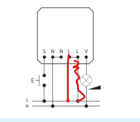 Diagram över koppling för ett ljus med L-fas växlad och röd ledning, där tändning fungerar men dimring ej fungerar.