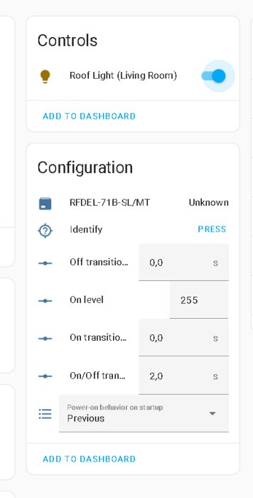 Inställningsskärm för smart belysningshub med konfigurationsalternativ för av- och på-transition och förinställningar för ljusnivån.