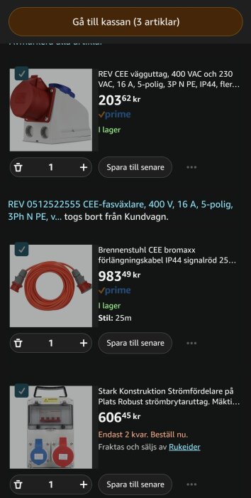 Skärmdump av onlinebutikskorg med CEE vägguttag, 25 m förlängningskabel och strömfördelare, alla för 400 V, 16 A elsystem.