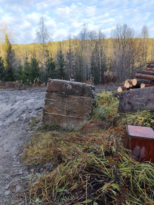 Ett lutande betongblock på en skogsväg, omringad av gräs och timmer, med träd och skog i bakgrunden.