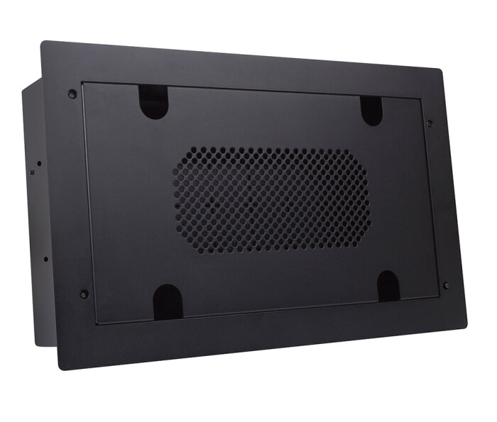 Svart Strong Versabox Pro 8x14 med ventilerad frontpanel för kabelhantering bakom TV:n.