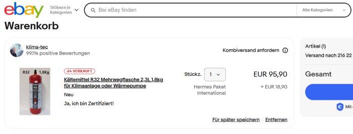 Skärmdump av en eBay-kundvagn som visar en röd flaska kylmedel R32, 2,3L, för 95,90 EUR. Text: "Ja, ich bin Zertifiziert!