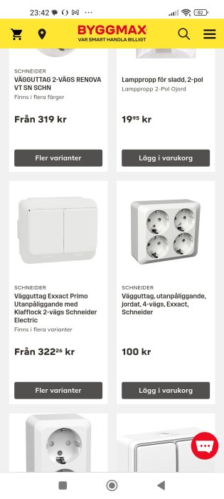 Byggmax produktsida med olika vägguttag och lamppropp från Schneider, inklusive priser och alternativ.