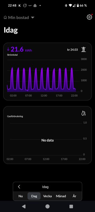 Appskärm med energiförbrukning idag. Totalt: 21,6 kWh, kostnad: 24,03 kr. Graf med förbrukningsmönster. Gasförbrukning: ingen data.