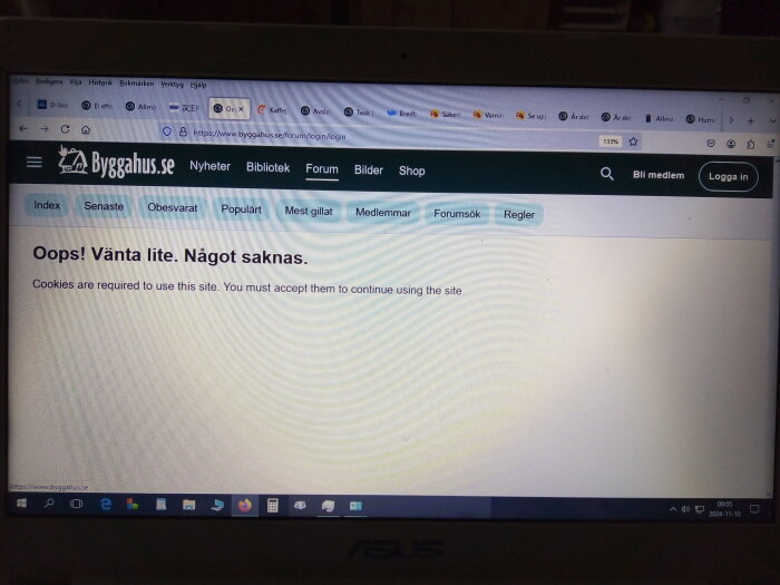 Bilden visar en datorskärm med ett felmeddelande som säger "Cookies are required to use this site" på forumet Byggahus.se.