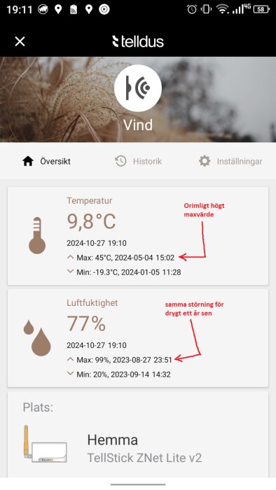 Skärmbild av Telldus-appen som visar temperatur och luftfuktighet på vinden, med markeringar för orimligt höga maxvärden och notering om tidigare störningar.