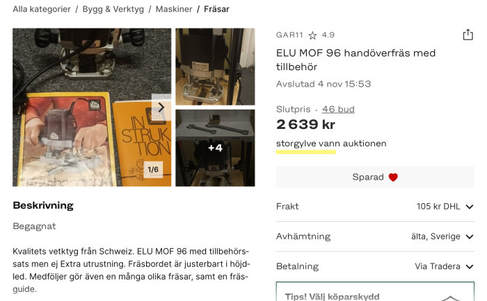 Auktionssida för ELU MOF 96 handöverfräs med två instruktionsmanualer och slutpris 2639 kr.