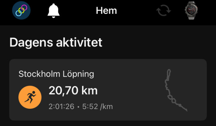 Löpaktivitet i Stockholm, totalt 20,70 km på 2 timmar och 1 minut, genomsnittlig hastighet 5:52 min/km. Visar löprutt som karta.