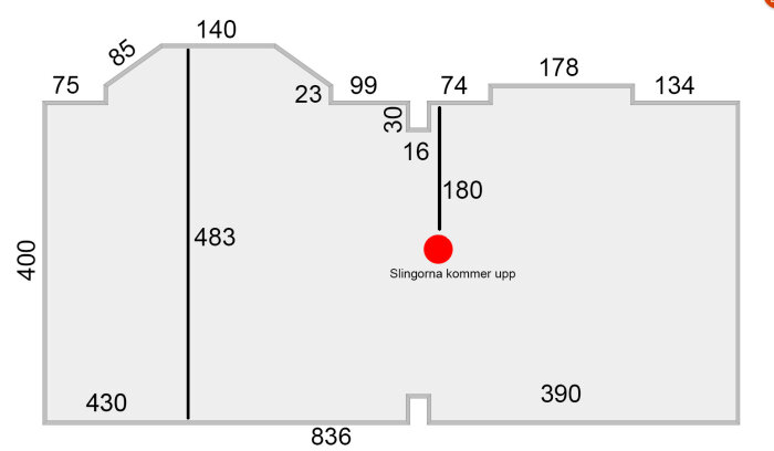 Rumritning med mått i millimeter och en röd punkt markerar platsen där golvvärmeslingorna kommer upp.