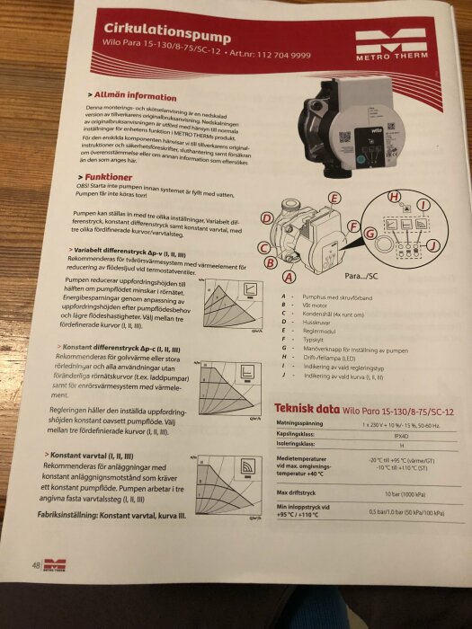 Bruksanvisning och teknisk data för en Wilo Para cirkulationspump från Metro Therm på trägolv.