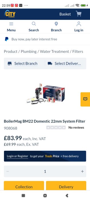 Webbsida som visar produkten BoilerMag BM22 Domestic 22mm System Filter med pris och beställningsalternativ hos City Plumbing.