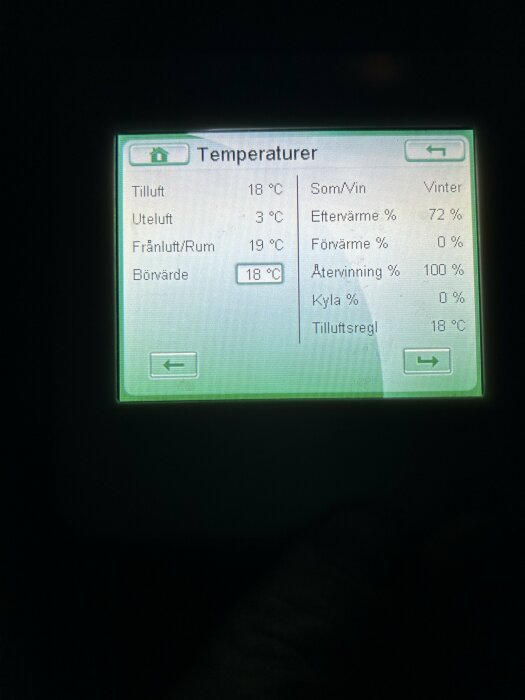 Kontrollpanel för VillaMASTER RDAF visas, med inställda temperaturer: tilluft 18 °C, uteluft 3 °C, frånluft 19 °C samt återvinning 100%.