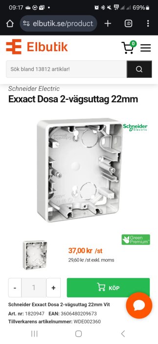 Bild av Schneider Exxact dosa för 2-vägsuttag, 22mm, från Elbutik. Produkten är vit och visas med pris och artikelnummer.