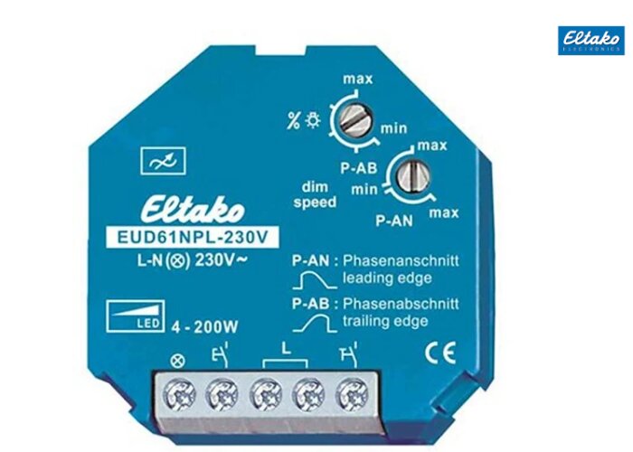 Ljusblå Eltako EUD61NPL-230V dimmermodul för smarta hem, med justerbara inställningar för fasavsnitt och dimhastighet.