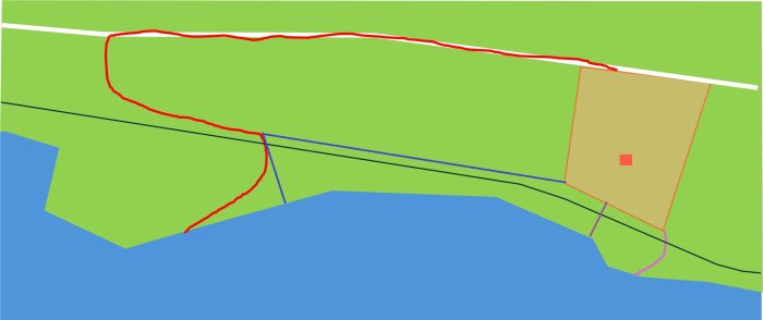 Karta med olika färgade linjer som visar möjliga gångvägar runt ett järnvägsspår och till en sjö. Markeringar inkluderar röd, blå och lila väg.