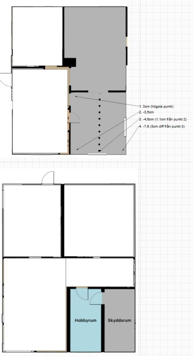 Planritning över en källare med markerade nivåskillnader och rummen hobbyrum och skyddsrum.