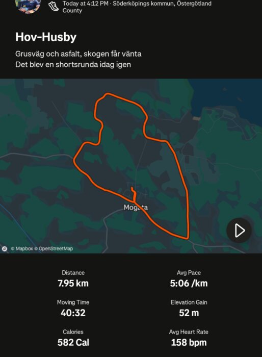 Löpning i Hov-Husby, rutt på karta. Distans: 7,95 km, tid: 40:32, tempo: 5:06/km, kalorier: 582, elevation: 52 m. Söderköping, Östergötland.