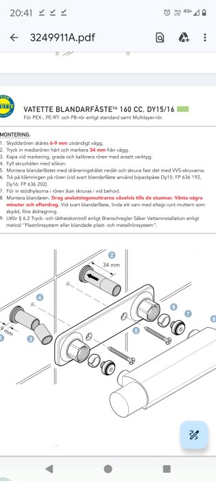 Instruktionsdiagram för montering av Vatette blandarfäste. Visar mätningar och delar som används vid installation, inklusive skruvar och tätningar.